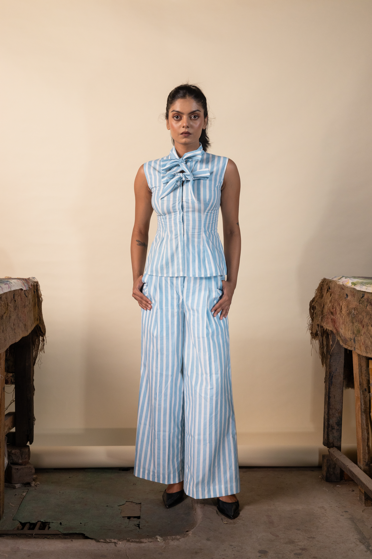 Lekha pleated striped cotton trousers detail by Rahet